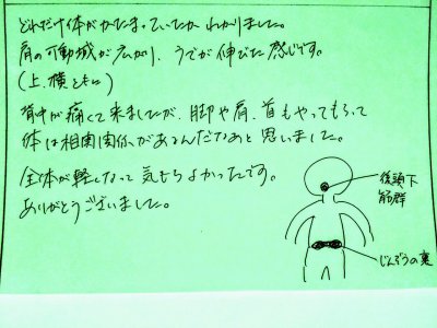 全体が軽くなって氣もちよかったです、、お客様直筆の声～オーダーメイド全身コンディショニング１２０分