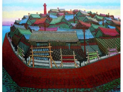 油彩画「灯台と漁村」１００号Ｆ　１９９１年頃の作品