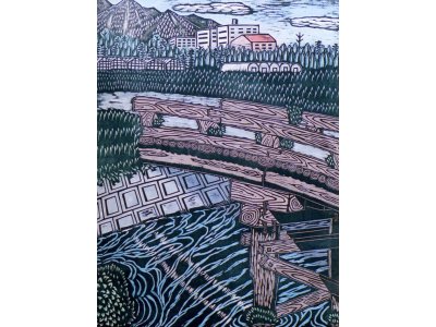 木版画「木橋のある風景」作品の紹介　１９８８年頃の作品