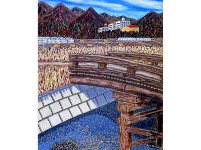 油彩画「木橋のある風景」１９８８年頃の作品