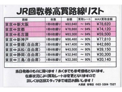 新幹線回数券お買取強化中です!