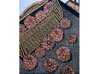 木版画作品 「松かさとピクニックケース」 の紹介　１９８５年頃の作品。　　