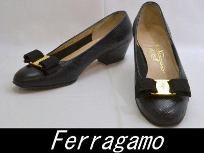 Ferragamo/フェラガモ リボンパンプス ブラック 5C