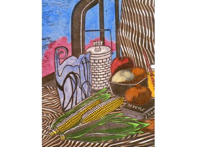 木版画「トウモロコシのある静物」作品の紹介　１９８７年頃の作品