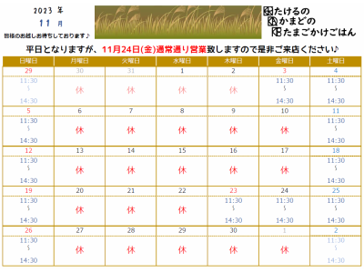 11月の営業日カレンダーです♪