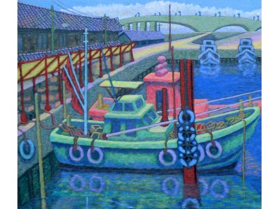 油彩画「舞阪漁港舟溜りＣ」１０号Ｆ　１９９０年頃の作品