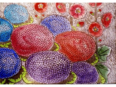 木版画「紫陽花と立ち葵」作品の紹介　１９８７年頃の作品