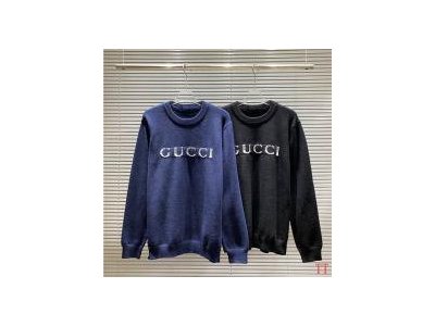 グッチ セーター ダークブルー&チャコール フリンジロゴ刺繍 ラウンドネック GUCCI