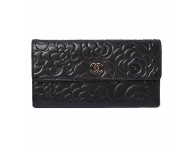 シャネル 中古 財布 CHANEL 長財布 カメリア型押し A50084 ラムスキン ブラック/シルバー金具